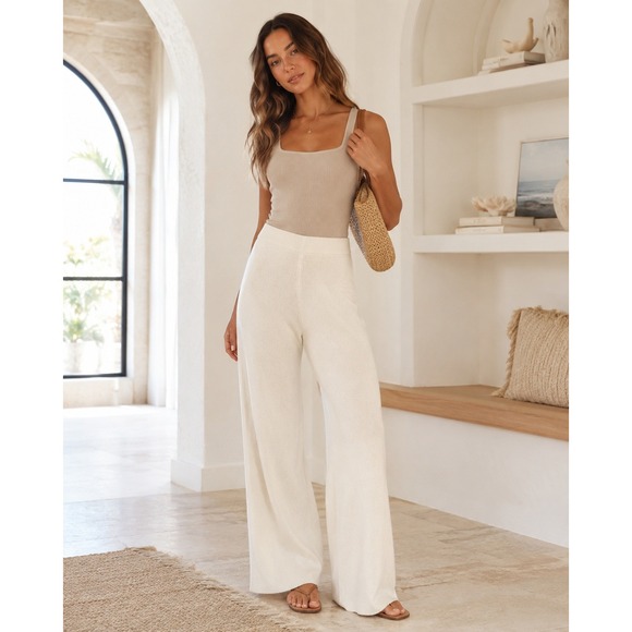 525 Pants - 525 Pants Womens XS Cream Ribbed Knit Flare Minimalist Loungewear Coquette